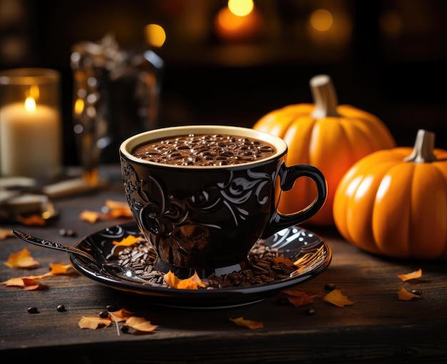 Tazza di cioccolata calda con marshmallow e zucche su fondo di legno