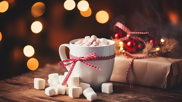 tazza di cioccolata calda con marshmallow su un tavolo di legno con spezie natalizie