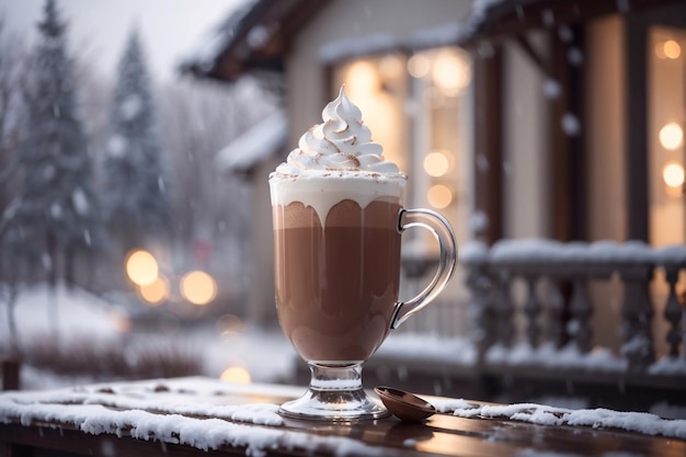 tazza di cioccolata calda con una bella schiuma di latte si trova sulla ringhiera del portico Un'elegante casa di campagna dur