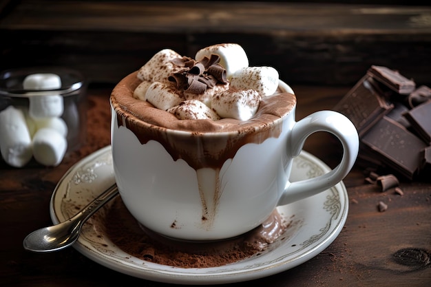 Tazza di cioccolata calda e cacao ripiena di cremosa e golosa cioccolata calda