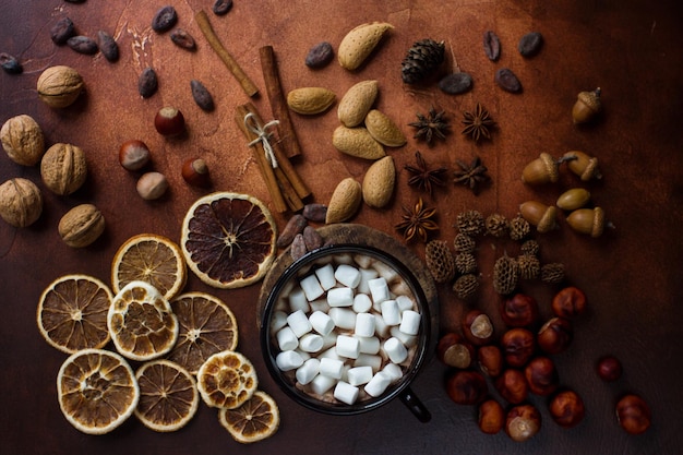 Tazza di cioccolata calda tradizionale o cacao con marshmallow cannella e spezie su tavola di pietra scura Calda foto stagionale accogliente tema bevanda natalizia vista dall'alto messa a fuoco selettiva