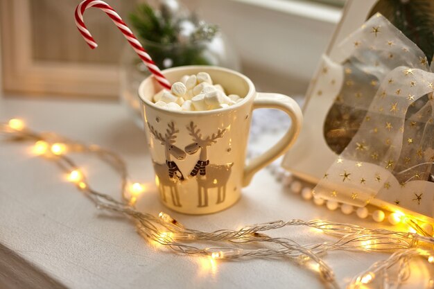 Tazza di cioccolato con marshmallow, decorazioni natalizie