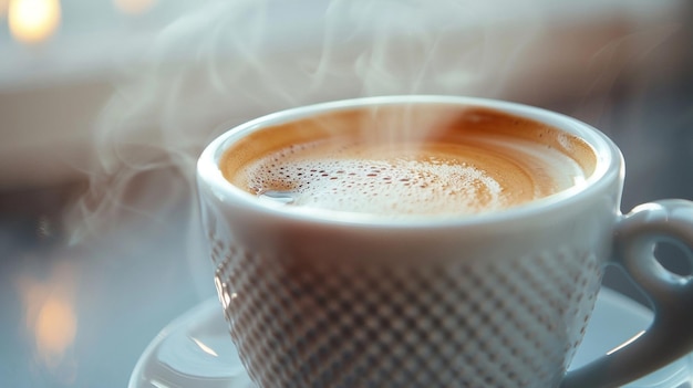 tazza di espresso al vapore su sfondo grigio