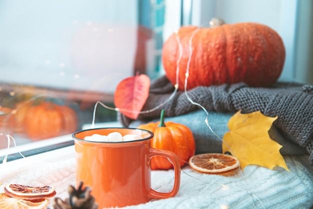 Tazza di foglie autunnali di zucca di cacao e una coperta lavorata a maglia sul davanzale