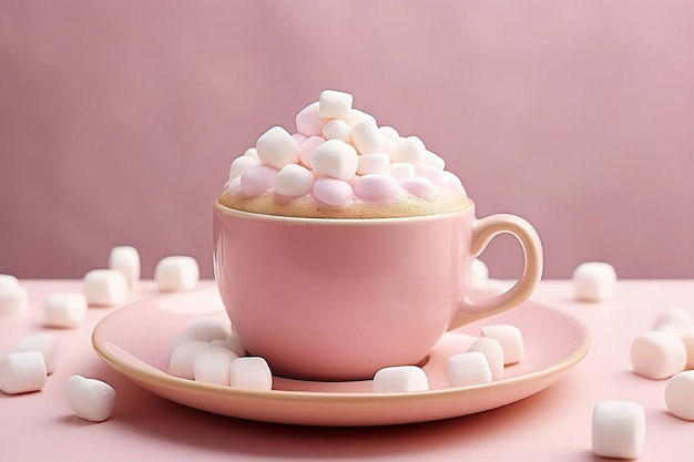 Tazza di latte e piccoli marshmallow su sfondo rosa