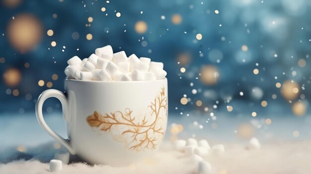 Tazza di Natale con marshmallow su sfondo sfocato con effetto bokeh generato dall'intelligenza artificiale