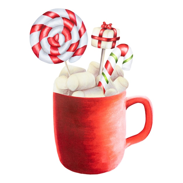 Tazza di Natale dell'acquerello di bevanda calda con marshmallow e bastoncino di zucchero Pittura a mano di Capodanno r