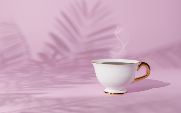 Tazza di porcellana con accenti d'oro su uno sfondo rosa con un'ombra di una palma rendering 3d