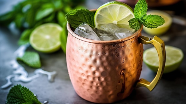 Tazza di rame con immagine generata dall'IA di menta fresca e lime