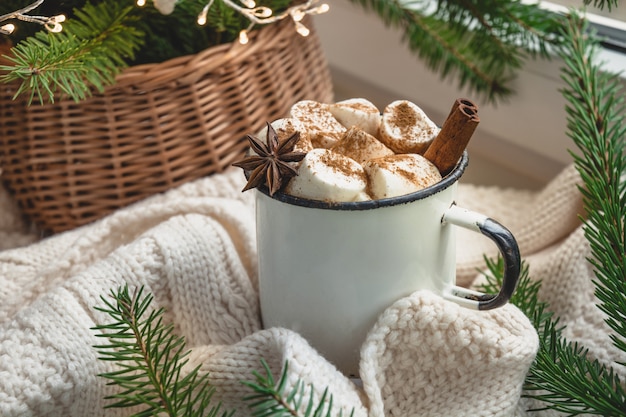 Tazza di riscaldamento invernale di cioccolato con marshmallow sul davanzale