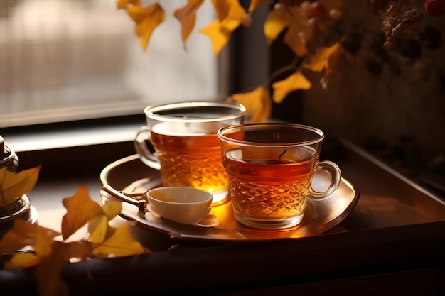 tazza di sidro caldo fumante, una bevanda amata durante le fresche giornate autunnali dell'equinozio