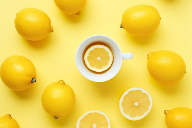 Tazza di tè al limone su sfondo giallo Vista dall'alto piatta