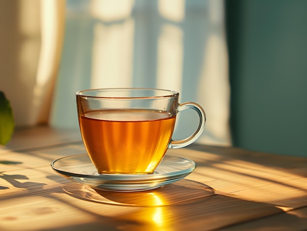 Tazza di tè al vapore con sfondo Bokeh dorato che illumina il calore accogliente