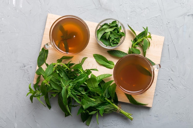 Tazza di tè alla menta sullo sfondo del tavolo Tè verde con vista dall'alto di menta fresca con spazio per la copia