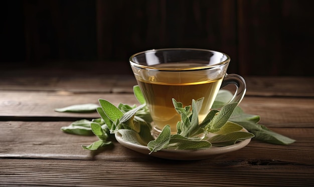 Tazza di tè aromatico alla salvia e foglie fresche sulla tavola di legno AI generativa