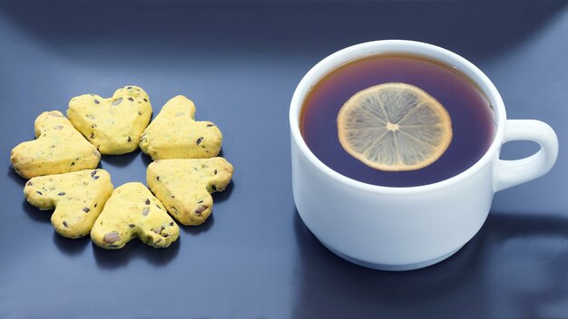 Tazza di tè bianca con limone e biscotti. cibo da dessert