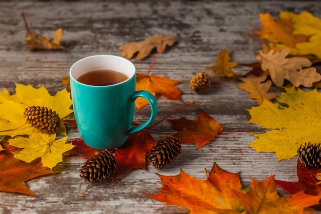 Tazza di tè blu. Su un tavolo di legno con foglie rosse gialle. Autunno.