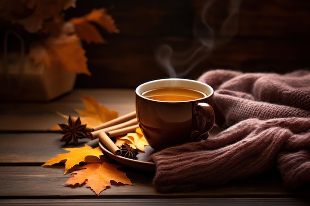 Tazza di tè caldo con foglie autunnali e caldo plaid