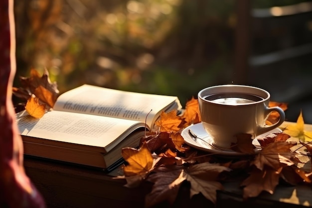 Tazza di tè caldo e libro nel parco foglie autunnali AI Generato