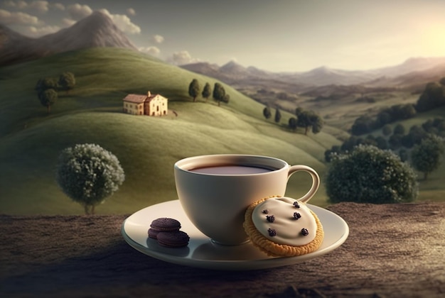 Tazza di tè con dessert sullo sfondo di un bellissimo paesaggio IA generativa