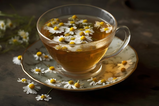 Tazza di tè con fiori di camomilla su sfondo di legno rustico rete neurale ai generato