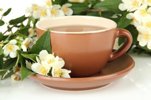 Tazza di tè con gelsomino isolato su bianco