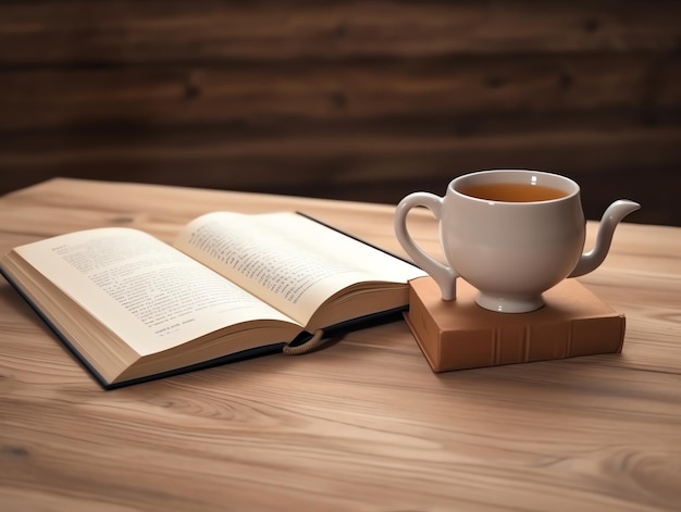 Tazza di tè con libro sul tavolo di legno Tonica