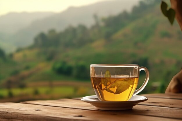 Tazza di tè con sul tavolo di legno e la piantagione di tè su uno sfondo sfocato AI generativa