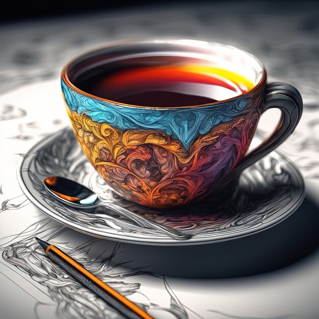tazza di tè con tazza di caffè e caffè su sfondo nero