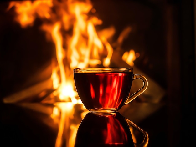 Tazza di tè davanti al caminetto