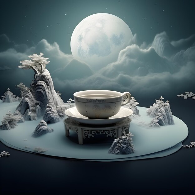 Tazza di tè di metà autunno sul rendering 3d del fondo della luna