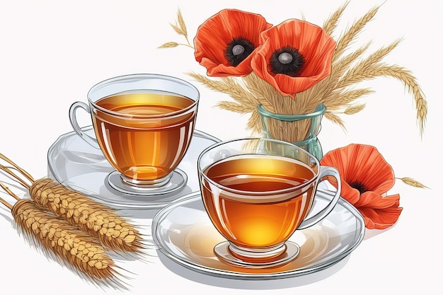 tazza di tè e fiori di papavero rossotazza di tè e fiori di papavero rossoillustrazione vettoriale per poster desig