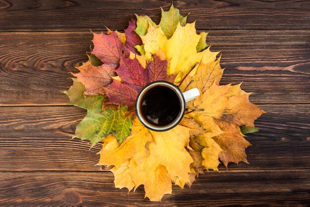 Tazza di tè e foglie d'acero autunnali