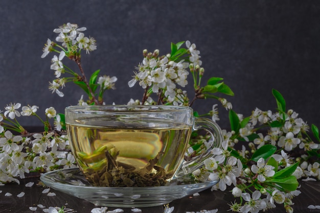 Tazza di tè e ramo di fiori di ciliegio