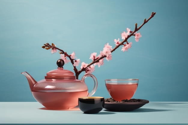 Tazza di tè e teiera con ramo di sakura su sfondo pastello Composizione del tè IA generativa