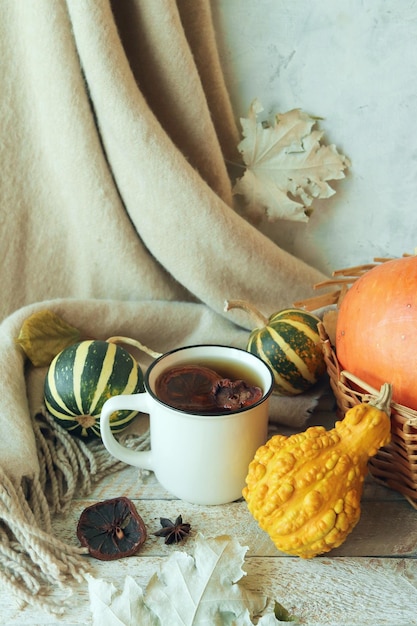 Tazza di tè frutta secca cashmere plaid zucche e foglie autunnali in un cesto di foglie