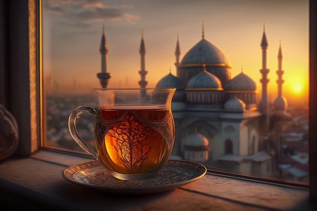 Tazza di tè moresco nella finestra con vista sulla Moschea Creative AI