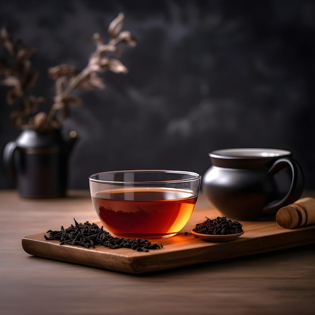 Tazza di tè nero appena preparato e tè nero secco su sfondo scuro con copia spazio AI generato