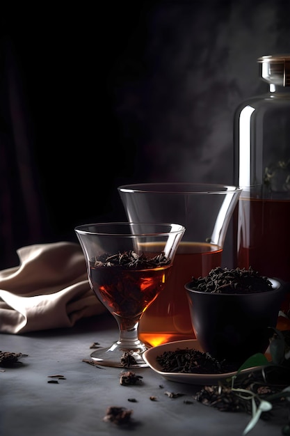 Tazza di tè nero appena preparato e tè nero secco su sfondo scuro con copia spazio AI generato