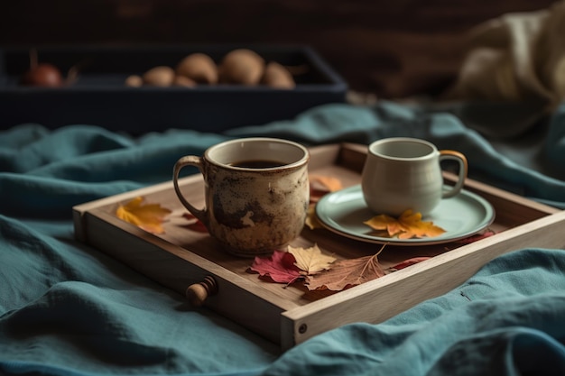 Tazza di tè o caffè con foglie cadute colorate su vassoio di legno rustico sopra la biancheria da letto