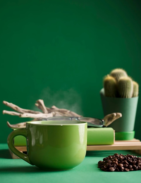 Tazza di tè verde o caffè caldo con cactus a vapore e sfondo verde di legno vecchio ceppo