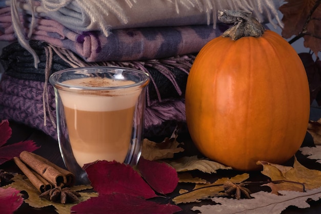 Tazza di vetro resistente al calore con latte di zucca e supporto di zucca matura sul tavolo