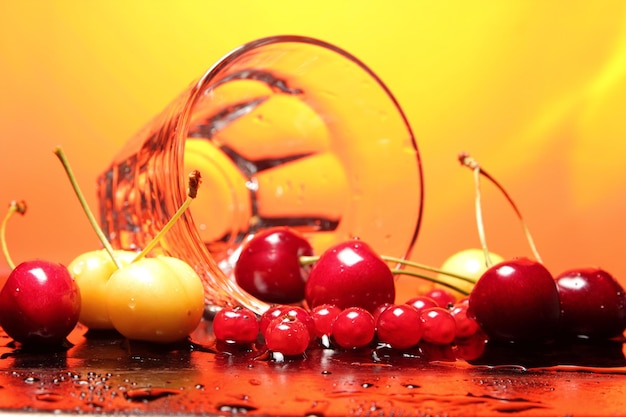 Tazza di vetro trasparente con ciliegie su uno sfondo tonica Closeup di frutti di bosco con gocce d'acqua