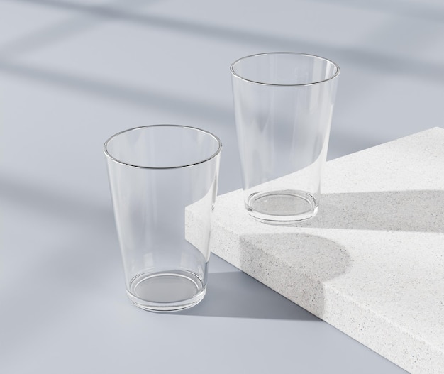 Tazza di vetro vuota, bottiglia trasparente, rendering 3d, rendering 3d