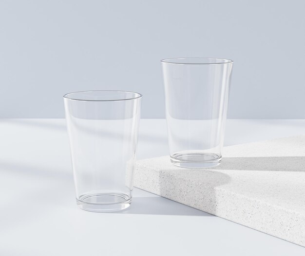 Tazza di vetro vuota, bottiglia trasparente, rendering 3d, rendering 3d