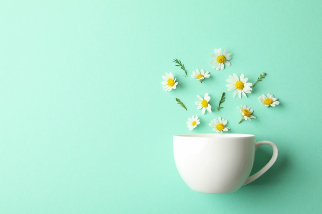 Tazza e camomille su sfondo di menta. Tè alla camomilla