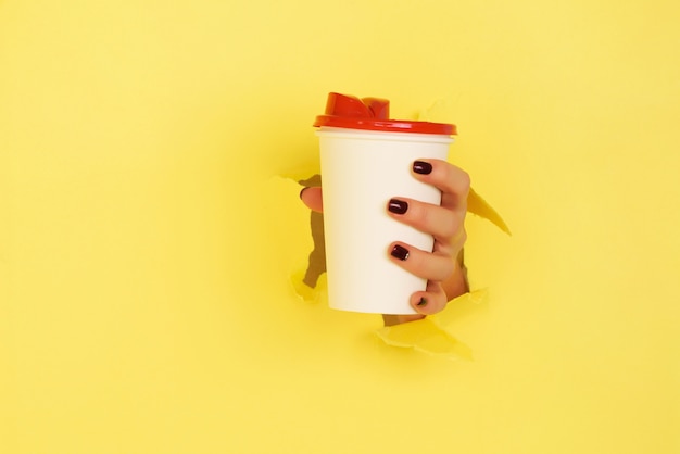 Tazza femminile del Libro Bianco della mano che tiene fondo giallo.