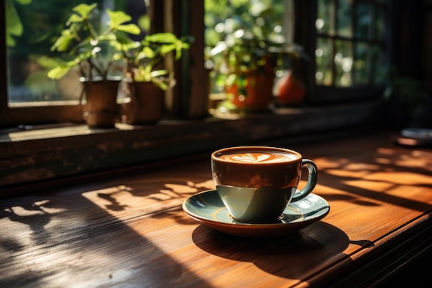 Tazza mattutina di caffè caldo fumante su un tavolo di legno vicino alla finestra in cucina