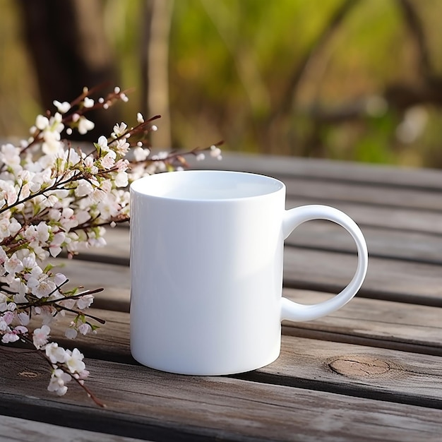 Tazza mockup gratuita da 11 once sul vecchio tavolo di legno