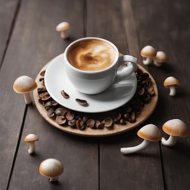 tazza piena di caffètazza di gustoso caffè con funghi sulla vista dall'alto di sfondo grigio